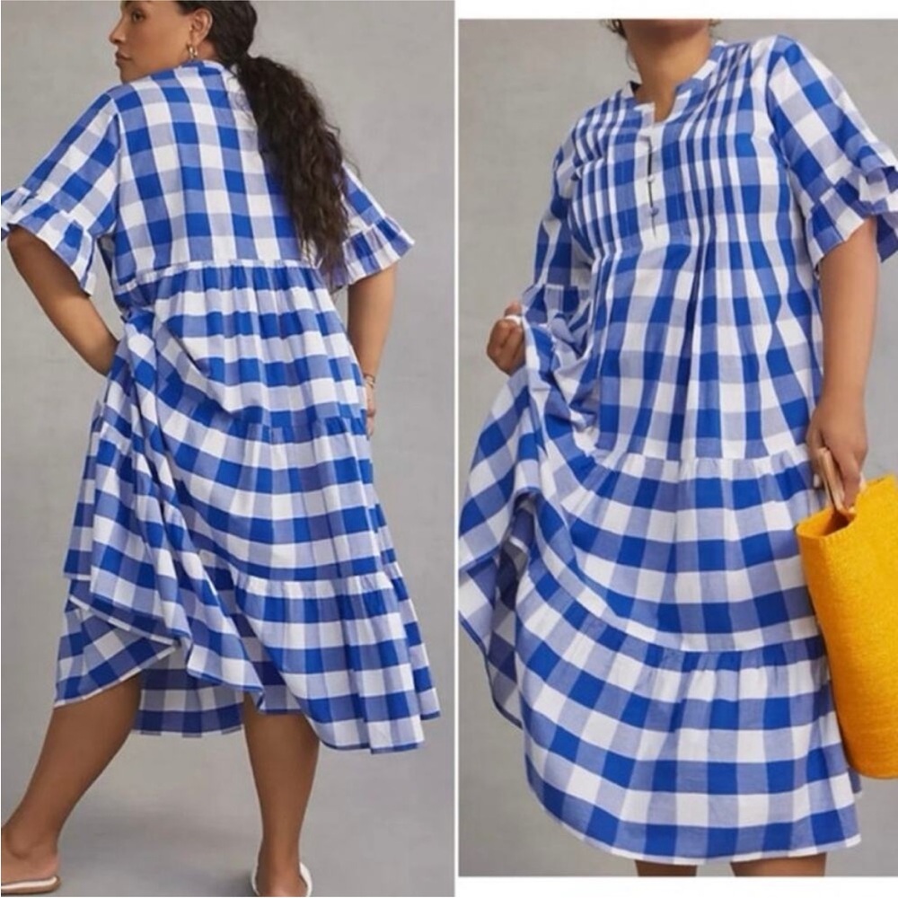 Anthropologie WHIT TWO Gingham Tiered Midi Dress Size XL